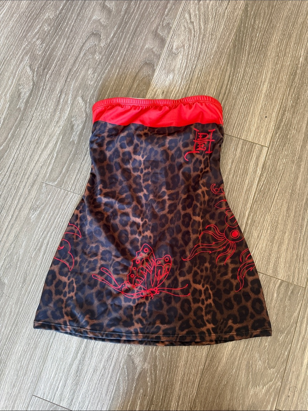 Ed hardy Leopard Print Strapless Tube mini dress Red Trim